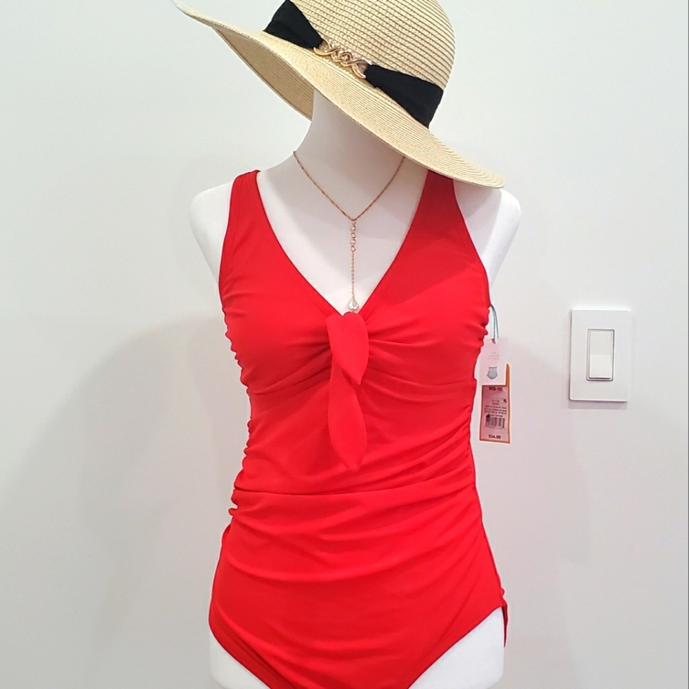 NWT Women's Tie-Front Ruched Full Coverage One Piece Swimsuit